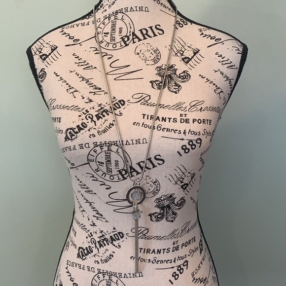 Long Silver Tone Statement Necklace with Sparkle and Chain Tassel - Picture 5 of 8